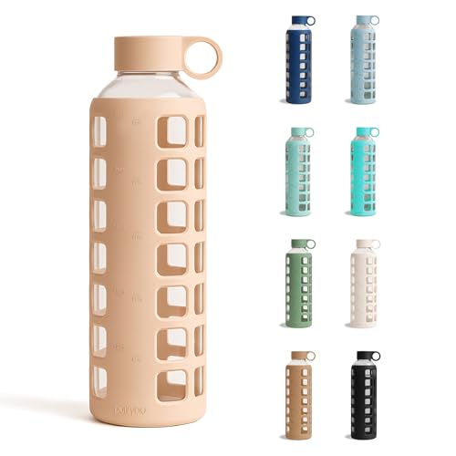 40oz / 32oz / 22oz / 12oz Borosilicate Glass Water Bottle with Time & Volume Markers, Silicone Sleeve, Stainless Steel Lid | Reusable Glass Bottle for Water & Juice (32oz Hazelnut) (Hazelnut (1 Count) / 32 Ounces)