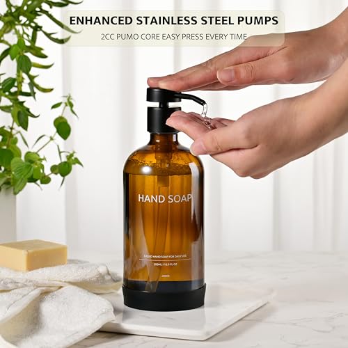 Glass Kitchen Soap Dispenser Set with Ceramic Tray (Amber Bottles + Black Pumps)