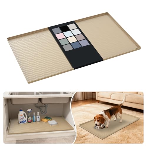 Waterproof Silicone Under Sink Mat 37'' x 22'' Shelf Liner for Kitchen and Bathroom (Khaki / 22"W x 37"L)
