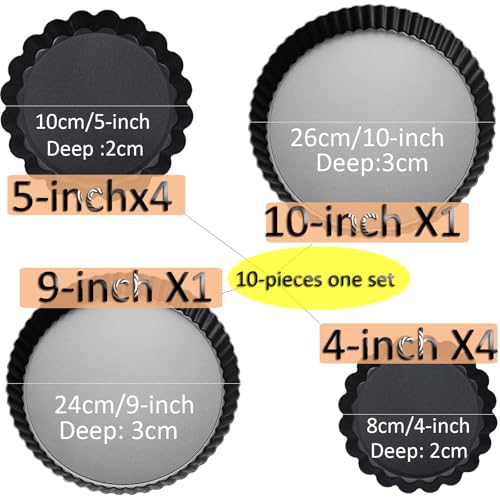 Tart Pan Set 10 & 9 Inch Tart Pans with 5 & 4 Inch Mini Tart Pans Removable Bottom (KUAYB Mixed sizes-4&5&9&10-inch -10PCS)