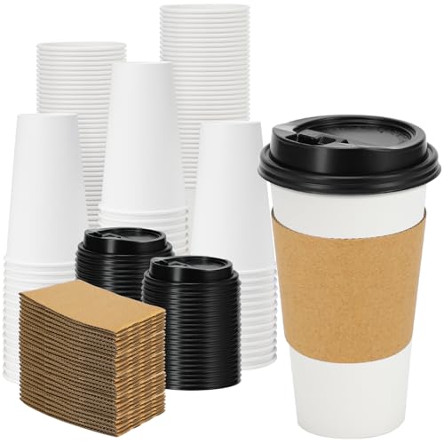 50 Pack 20 oz Disposable Coffee Cups With Lids and Sleeves (White / 20OZ-50 PACK)