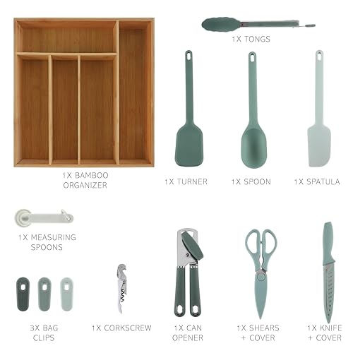 Bamboo Kitchen Utensil Set with Drawer Organizer (Sage / 18 Piece Gadget Set)