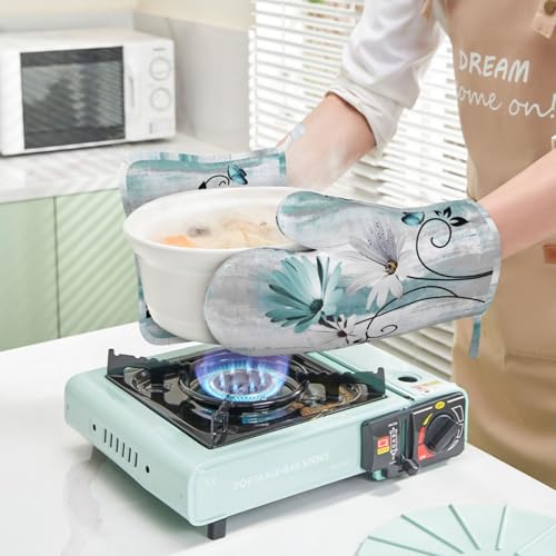 Teal Daisy Oven Mitts Pot Holders Set Silicone Heat Resistant Farm Teal Daisy Floral Flowers and Butterfly Oven Mitts and Hot Pads Potholders Non (Teal)