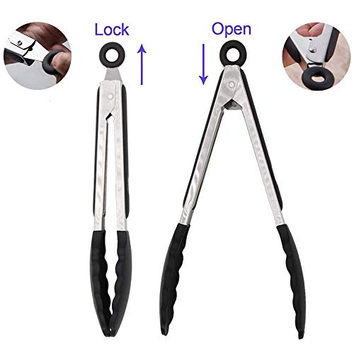4 Pack Black Silicone Kitchen Tongs Set (Black)