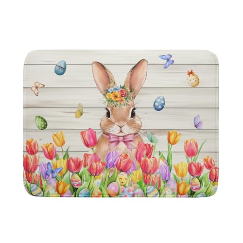 Easter Bunny Dish Drying Mat 18x24 inch Eggs Floral Fast Drying Pad Washable Reversible Microfiber Dish Drainer Mats for Kitchen Counter (Bunny Wood / 18" x 24")