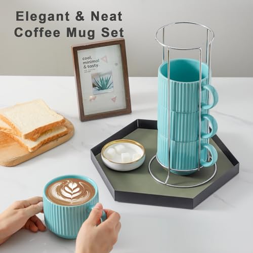15 oz Coffee Mug Set of 4 with Stand (Teal / 15 Ounces)