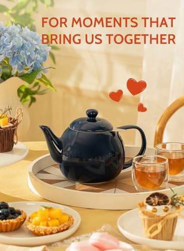 Teapot Porcelain Tea Pot with Stainless Steel Infuser (Navy / 27oz (with infuser))