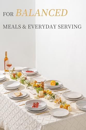 18 Piece Embossed Ceramic Dinnerware Set (White-Mixed Embossment / Service for 6-18Pcs (Pasta Bowl))