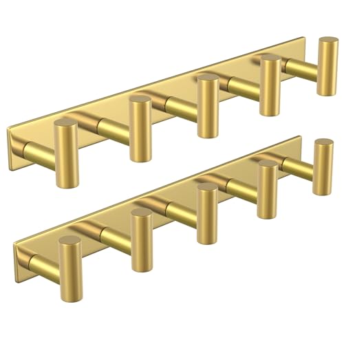 Gold Wall Mount Coat Rack (Gold / 5 "T" Hooks, 2PACK)