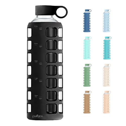 40oz / 32oz / 22oz / 12oz Borosilicate Glass Water Bottle with Time & Volume Markers, Silicone Sleeve, Stainless Steel Lid | Reusable Glass Bottle for Water & Juice (40oz Jet Black) (Jet Black / 40 Ounces)