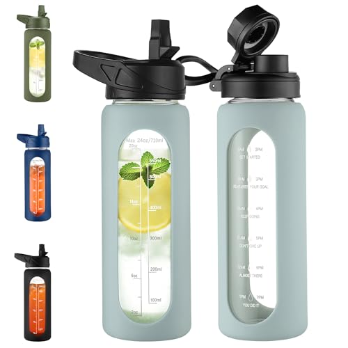 24 oz Glass Water Bottle with Straw (.Sage / 24 Ounces)