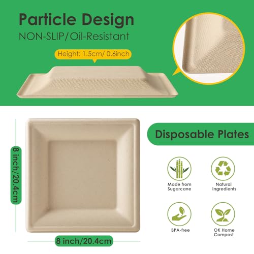Compostable Square Paper Plates 8 Inch 100 Pack Disposable Plates (Brown / 8 inch)