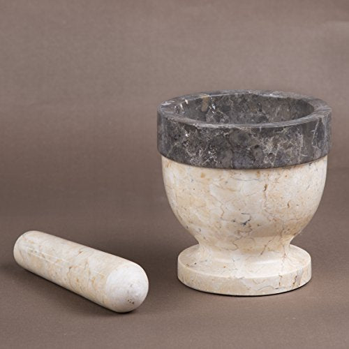 Handcrafted Mortar and Pestle Solid Marble Grinder for Spices and Herbs Artisan Carved from Yushan Marble Elegant and Durable for Everyday Cooking (Beige and Charcoal / 5.9" Diam. x 5.9" H)
