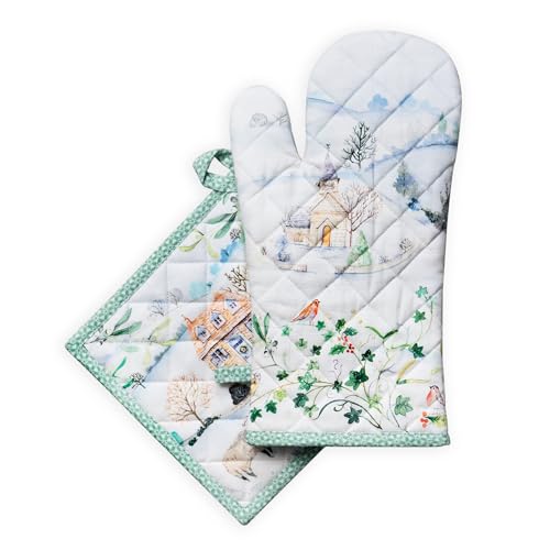 100% Cotton Oven Mitt & Pot Holder Set (104 - Snowy World / 7.5" x 13" & 8" x 8" (Oven Mitt & Pot Holder))