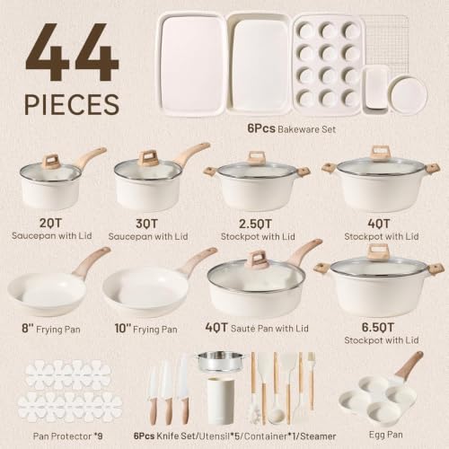 44pcs Pots and Pans (Cream White / 44 Piece)