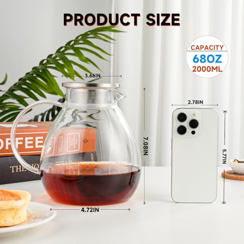 68OZ 2000ML One Touch Glass Teapot with Stainless Steel Filter Lid (68OZ (Round Bottom))