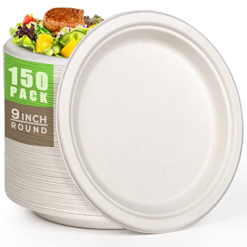 100% Compostable Plates 9 Inch 150 Pack Disposable Plates Heavy (Whtie / 9in 150pcs)