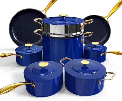 Lux LE 13Pc Ceramic Cookware Set with Elegant Gold Handle (Blueberry LE)