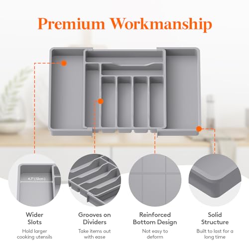 Expandable Silverware Drawer Organizer (Gray / XL (13"-22.4" W × 15"D))