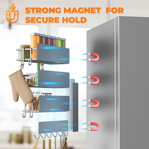 5 Pack Multifunctional Magnetic Shelves for Refrigerator Spice Rack & Washing Machine Organize (Flat style, Gray)