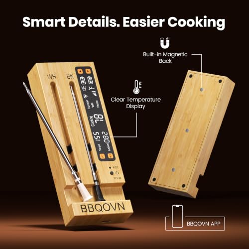 WiFi Sub 1G Wireless Meat Thermometer Unlimited Range 7 NIST Certified Sensors with Ambient Temp 2 Temp Monitoring Ways Digital Smart Base and App for BBQ (2-Probe-Bamboo)