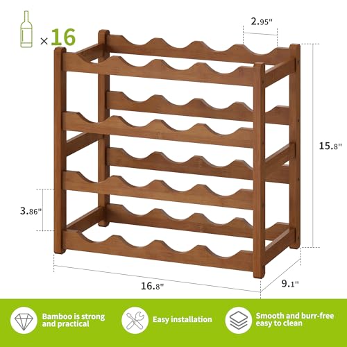 Bamboo Wine Rack Wine Storage Cabinet Shelf 16 Bottle Wine Racks Countertop Sturdy for Kitchen Dining Room Pantry (Brown / 4 Tier)