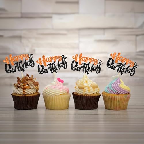 24Pcs Happy Birthday Cupcake Toppers Double Layer Glitter Happy Birthday Cake Decorations for Halloween Baby Shower Theme Anniversary Party Cake Decorations Supplies Black Orange (Style 1 / Black Orange)