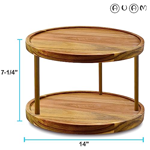 14" Two Tier Acacia Wood Lazy Susan Organizer Kitchen Turntable for Cabinet Pantry Table Organization