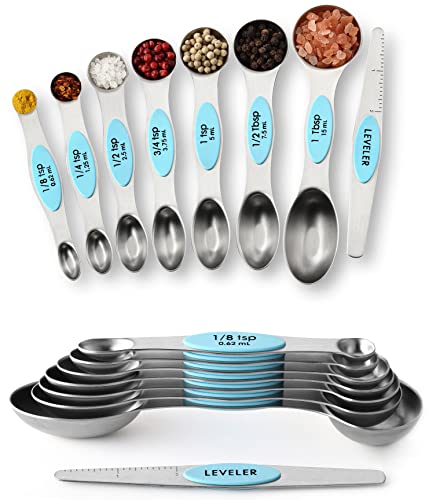 Stainless Steel 8 Magnetic Measuring Spoons (Blue (Aqua Sky) / 2-Pack)