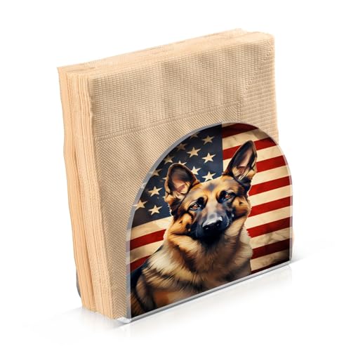 Dog German Shepherd American Flag Napkin Holder for Table Paper Napkins Holder Acrylic Tissue Dispenser Kitchen Dining Room Bathroom Party Car Decor (NH072 / 4.1x4.9x1.97in)