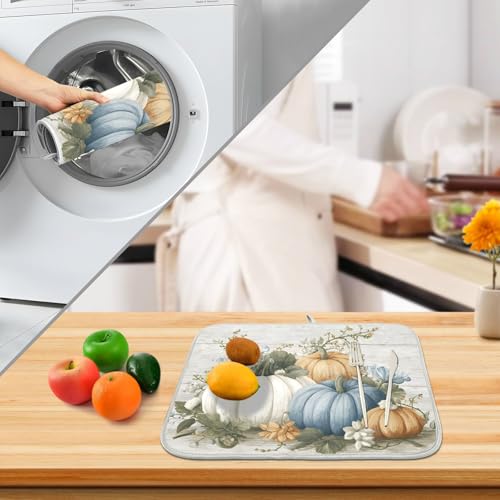 Fall Blue Orange Grey Pumpkin Thanksgiving Dish Drying Mat for Kitchen Counter Absorbent Microfiber Small Drying Pad Dish Mats for Kitchen Countertops 16 x 18 Inch (18" x 16")
