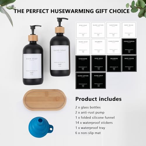 Black Glass Soap Dispenser (Black Bottle + 14 Labels + Funnel + Tray)