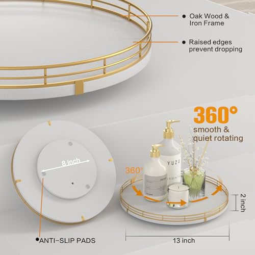 13 Inch White and Gold Wooden Lazy Susan Spice Organizer (White & Gold / 13)