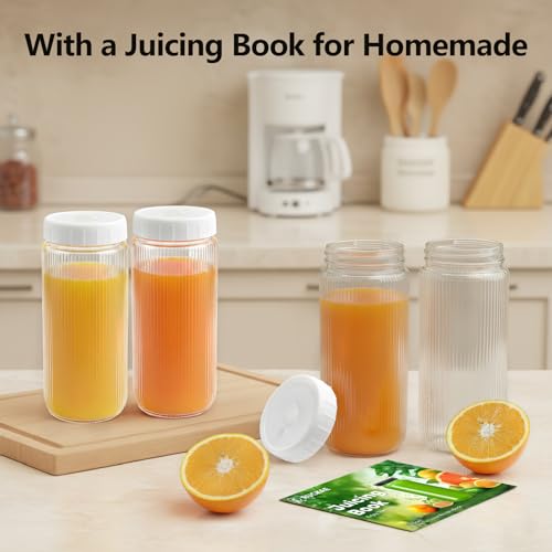 8pack Stripe 16oz Glass Juice Bottles with Lids & Straws & Juicing Recipe (Transparent with Stripe / 16oz-8pack)