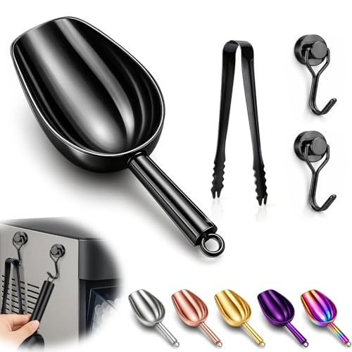 Stainless Steel Ice Scoop for Freezer with Magnetic Hook & Ice Tongs (6oz / Black)