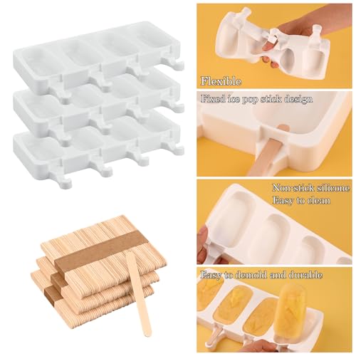 3 Pack Large Silicone Popsicle Molds with 150 Pcs Wooden Sticks (3 Pcs Large - White (150 Sticks))
