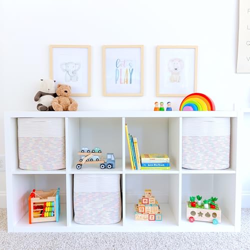 13 Inch Cube Storage Bins Cotton Rope Woven Baskets for Organizing 3 (Off White & Rainbow Stitching / 13 x 13 x 13 (Standard))