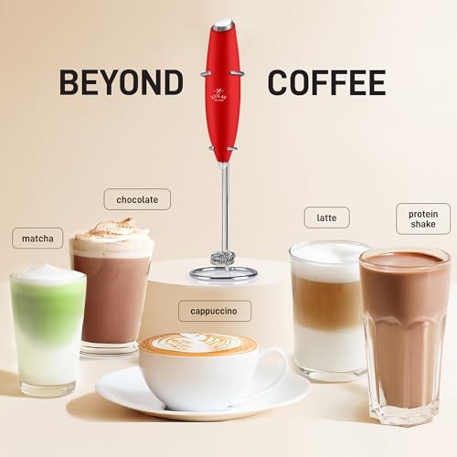 Powerful Milk Frother Wand With Duracell Batteries (Scarlet Red / Double Whisk + Batteries)