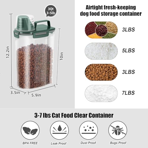 3-5Lbs/3Qt Dog Cat Food Storage Container With Foldable Bowl, Plastic Pet Food Dispenser for Small Animal Kibble/Pet Food/Bird Seed/Oatmeal/Rice/Flour/Brown Sugart/Cereals (Dark Green) (Dark Green / 3L-1pack)