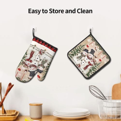Winter Snowman Oven Mitts and Pot Holder 2Pcs Xmas Tree Kitchen Gloves Potholder Heat Resistant Hot Pad Baking Cooking Grilling Accessories (Winter Snowman Bell)