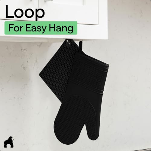 BPA Free Silicone Oven Mitts and Pot Holders Set (Black / 12.5" Oven Mitts + 7" Trivets)