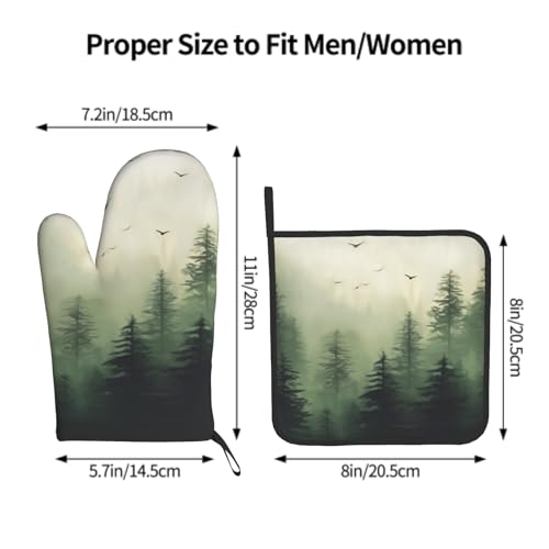 Green Misty Forest Oven Mitts and Pot Holder Set of 2 Mountain Woodland Heat Resistant Kitchen Gloves Hot Pad for Baking Cooking Microwave (Green Forest)