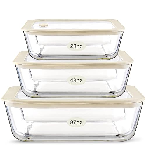 Glass Food Container Set with Silicone Glass Lid (White Sand-RT)