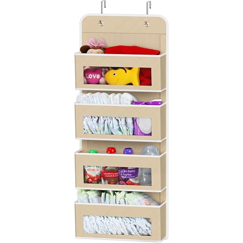 4 Clear Window Pocket Over Door Hanging Organizer (4 Pockets / Beige)