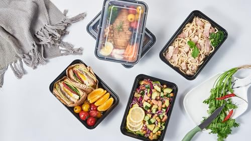 32 oz 50Pack Plastic Meal Prep Food Storage Containers with Lids Reusable 1 Compartment To Go Lunch Box Black Extra Large &Thick Microwave Freezer Safe BPA Free Stackable (32S-50)