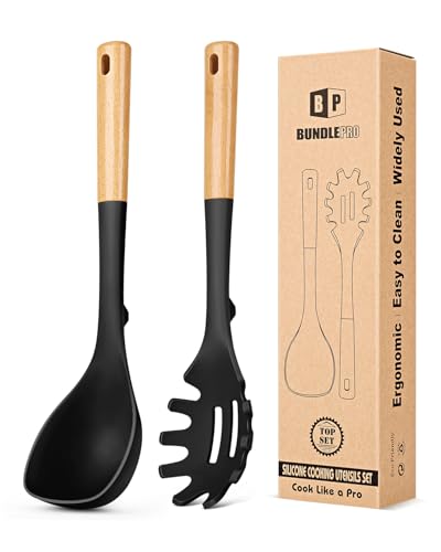 Silicone Soup Ladle and Pasta Spoon Set with Wooden Handle (2 Count)