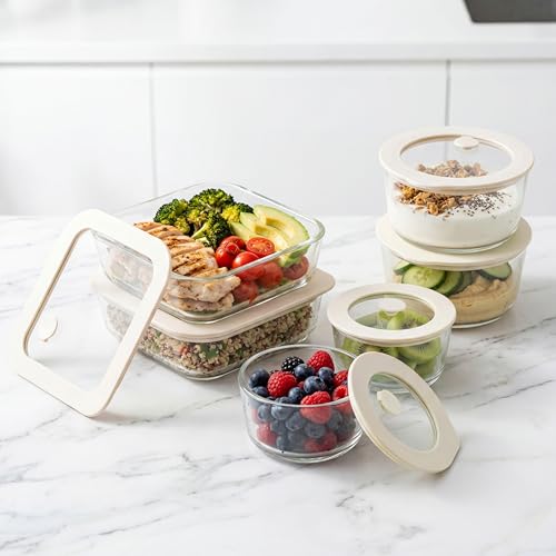 Glass Food Container Set with Glass Lid (White Sand-6P)