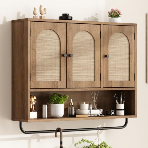 Rattan Bathroom Wall Cabinet (Natural Oak / 3 Doors)