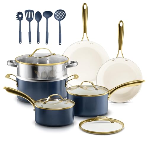 15 Pc Ceramic Pots and Pans Set Non Stick (Navy Cream / 15 Piece Set)