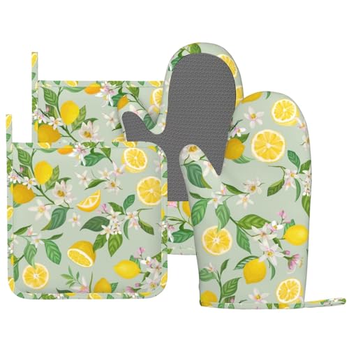 Lemon Oven Mitts Pot Holders Set Silicone Lemon Paper Yellow Citrus Fruit Lemons Kitchen Oven Mitts Heat Resistant Potholders Non (Lemon Yellow)